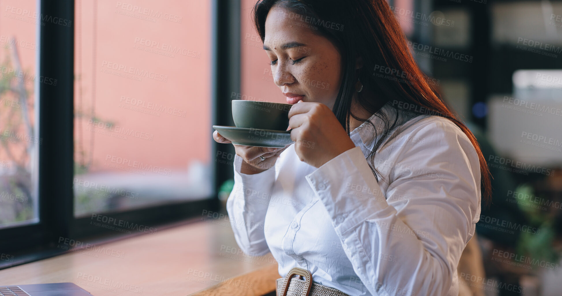 Buy stock photo Woman, coffee and cafe with laptop, remote work and aroma for hot beverage, enjoy and freelancer. Happy, employee and technology for writing career, copywriter and working in creative industry