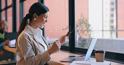 Woman, coffee shop and credit card on laptop, online shopping and happy with purchase. Internet, fintech and businesswoman with technology, employee or entrepreneur for career, e commerce or digital