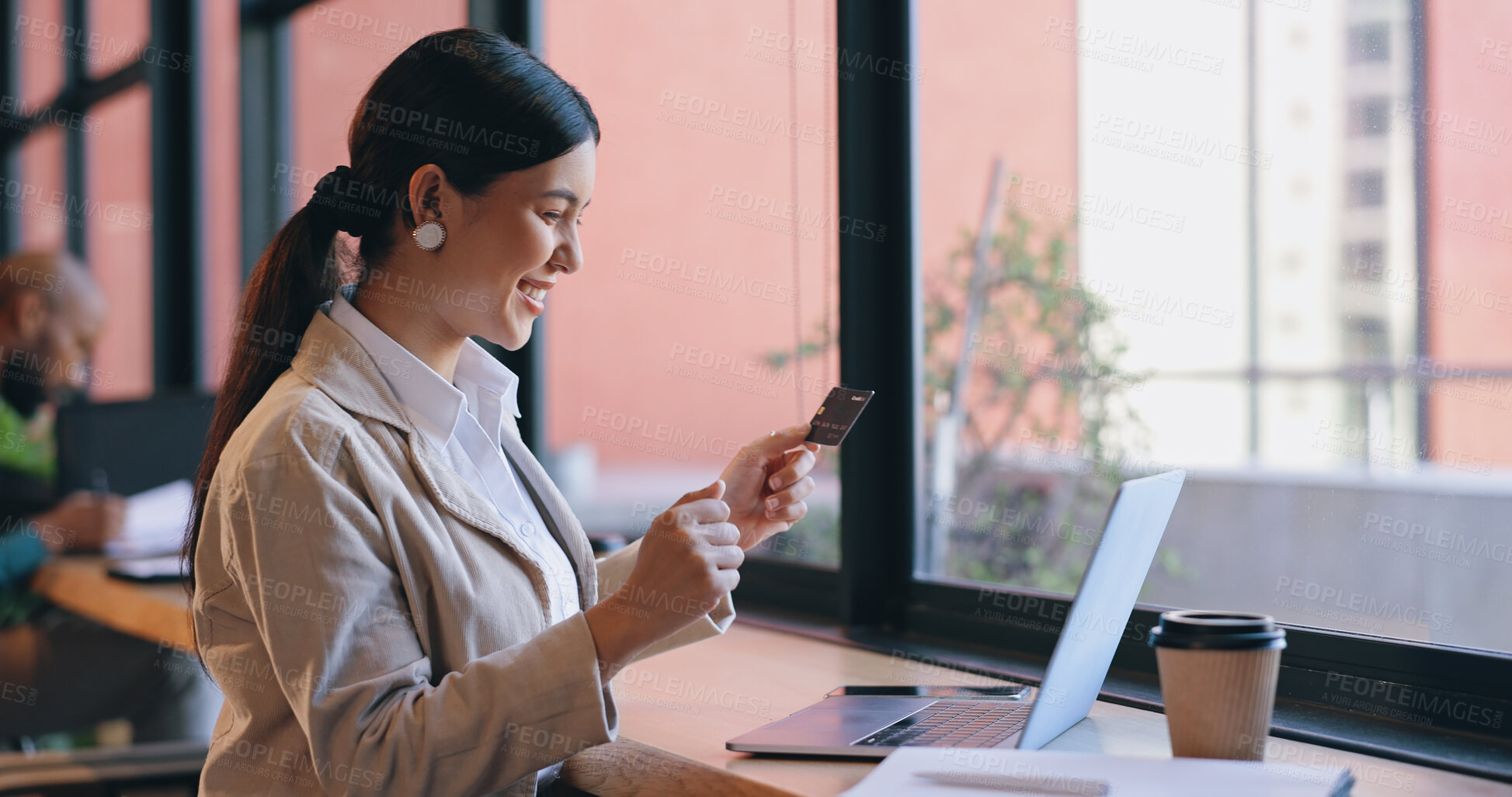 Buy stock photo Woman, coffee shop and credit card on laptop, online shopping and happy with purchase. Internet, fintech and businesswoman with technology, employee or entrepreneur for career, e commerce or digital