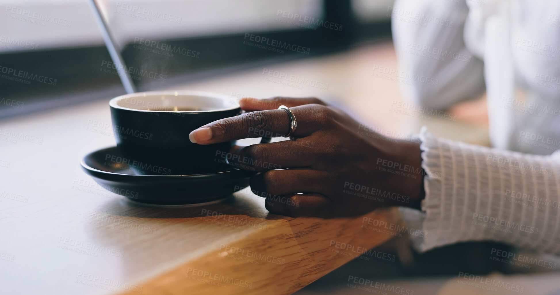 Buy stock photo Coffee shop, relax and hands of woman by window with drink for calm, wellness and breakfast in cafe. Restaurant, weekend and person with mug, aroma and scent for latte, caffeine and cappuccino