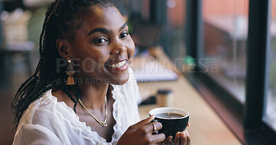 Coffee shop, happy and black woman by window with drink for relaxing, calm and breakfast in cafe. Restaurant, weekend and face of person with mug, aroma and scent for latte, caffeine and cappuccino