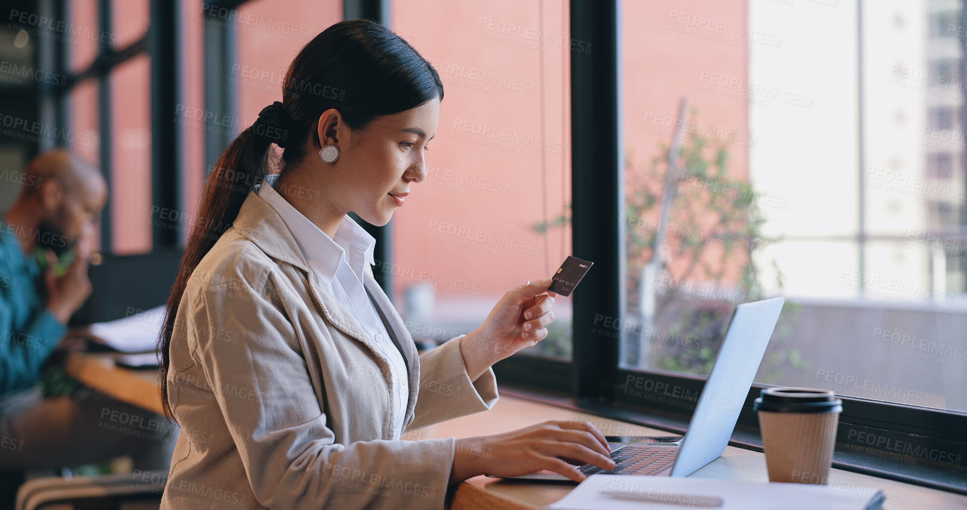 Buy stock photo Woman, coffee shop and credit card on laptop, online shopping and happy with purchase. Internet, fintech and businesswoman with technology, employee or entrepreneur for career, e commerce or digital