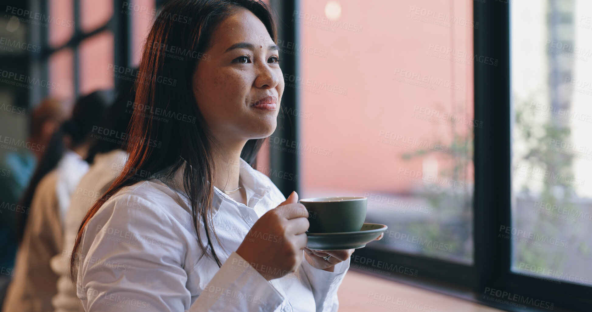 Buy stock photo Woman, coffee and cafe with laptop, remote work and aroma for hot beverage, enjoy and freelancer. Happy, employee and technology for writing career, copywriter and working in creative industry