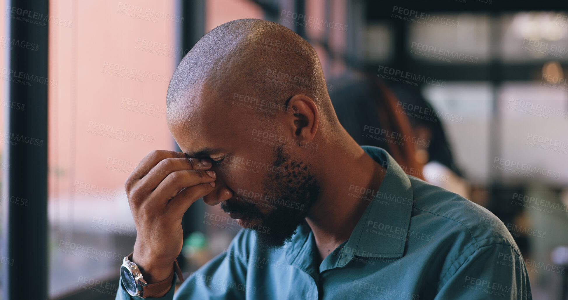 Buy stock photo Man, stress and headache for remote work, burnout and creative worker with deadline, writers block or mistake. Frustrated, overworked and articles for submission, anxious and employee in coffee shop