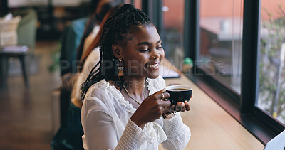 Coffee shop, relax and black woman by window with drink for happiness, calm and breakfast in cafe. Restaurant, weekend and happy person with mug, aroma and scent for latte, caffeine and cappuccino