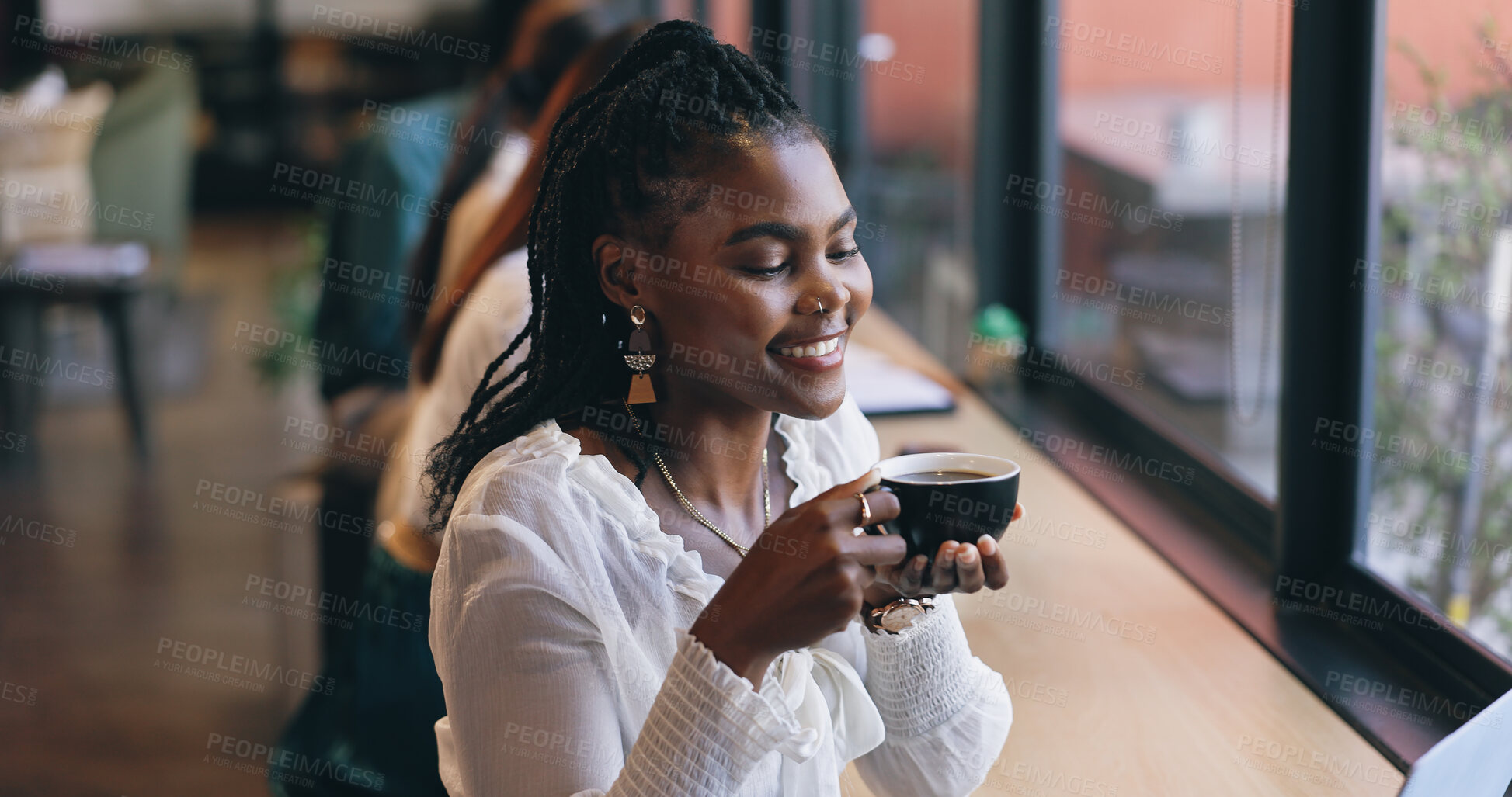 Buy stock photo Coffee shop, relax and black woman by window with drink for happiness, calm and breakfast in cafe. Restaurant, weekend and happy person with mug, aroma and scent for latte, caffeine and cappuccino