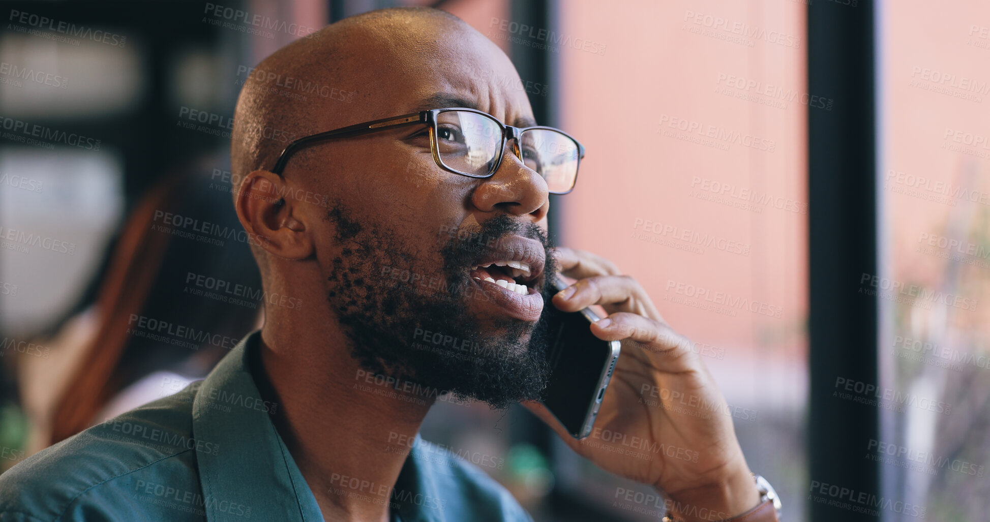 Buy stock photo Face, phone call and black man employee in office for communication, networking or negotiation. Contact, consulting or feedback with serious business person in glasses talking on mobile at workplace