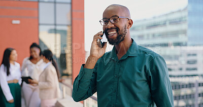 Black man, business phone call and discussion, communication and networking outdoor, plan or negotiation at law firm. Lawyer on rooftop, deal or project with connection, chat and corporate contact
