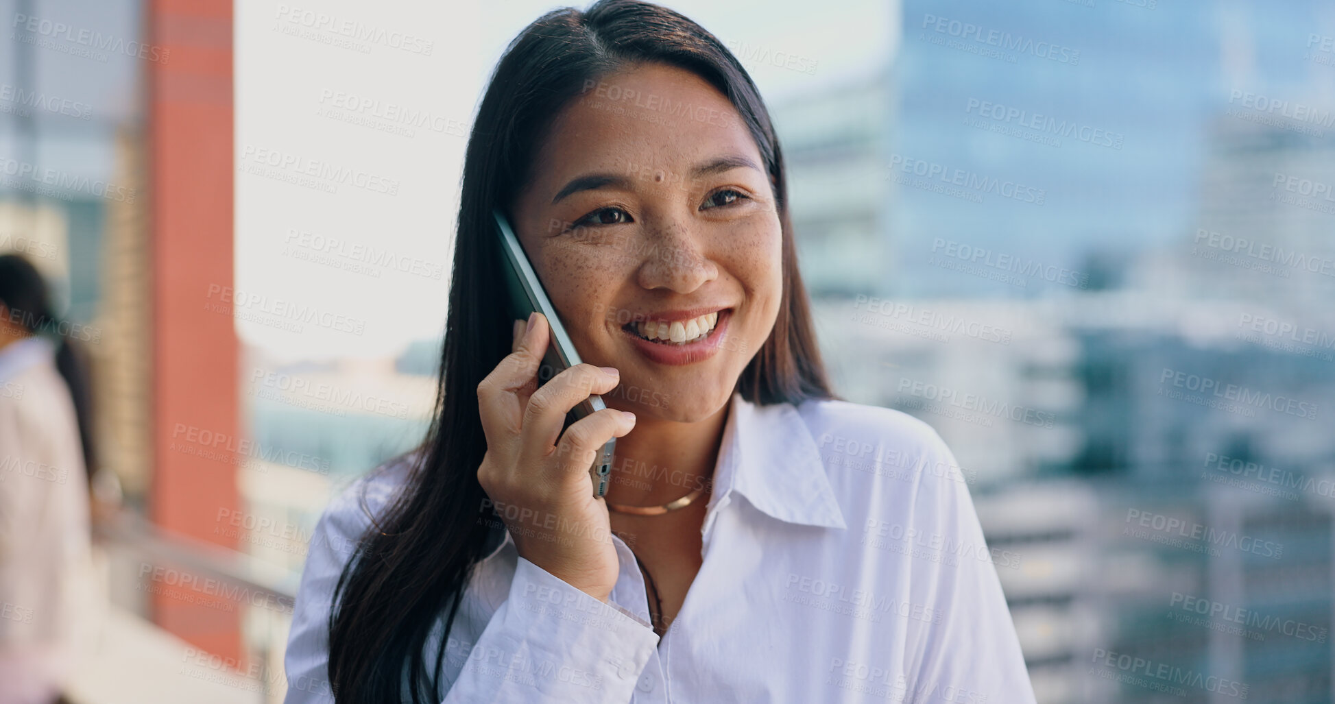 Buy stock photo Business, woman and phone call with discussion outdoor on rooftop for networking and corporate deal. Entrepreneur, asian employee and smartphone with communication, talking and conversation in city