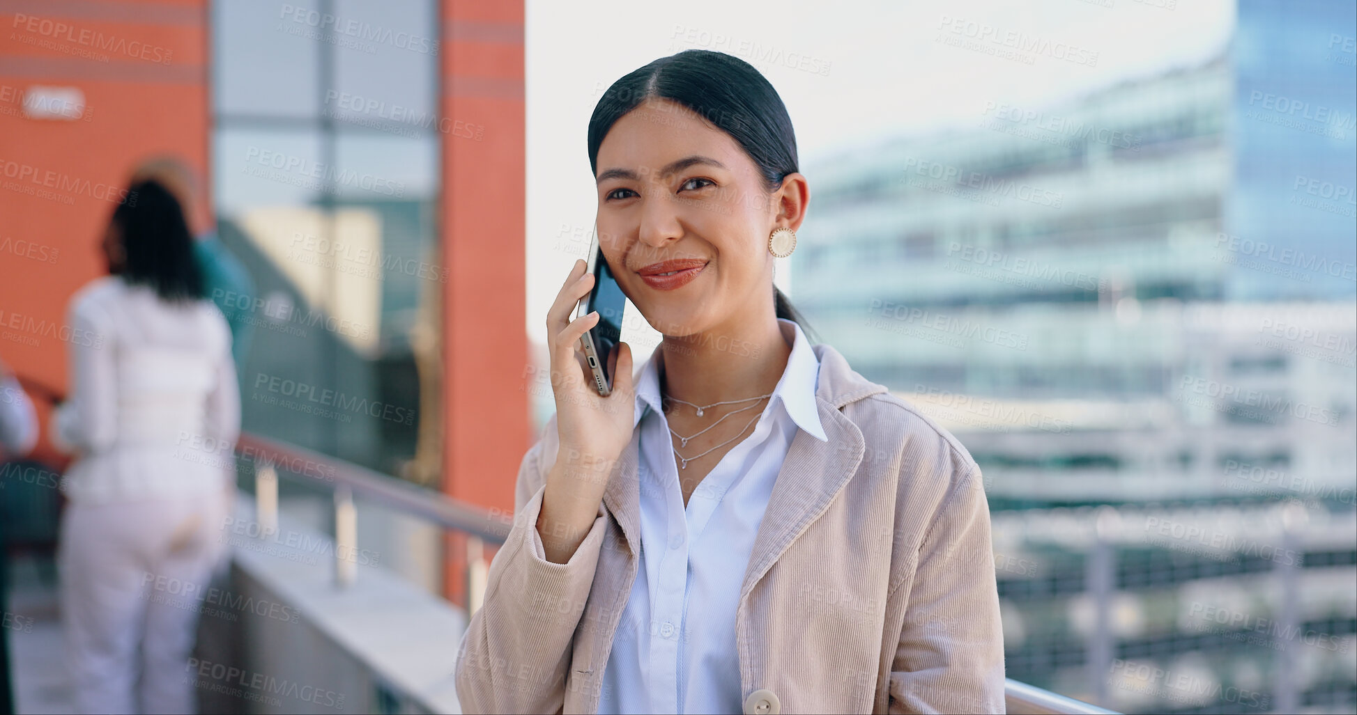 Buy stock photo Woman, business with phone call and discussion, communication and networking outdoor, plan or negotiation at law firm. Lawyer on rooftop, deal or project with connection, chat and corporate contact