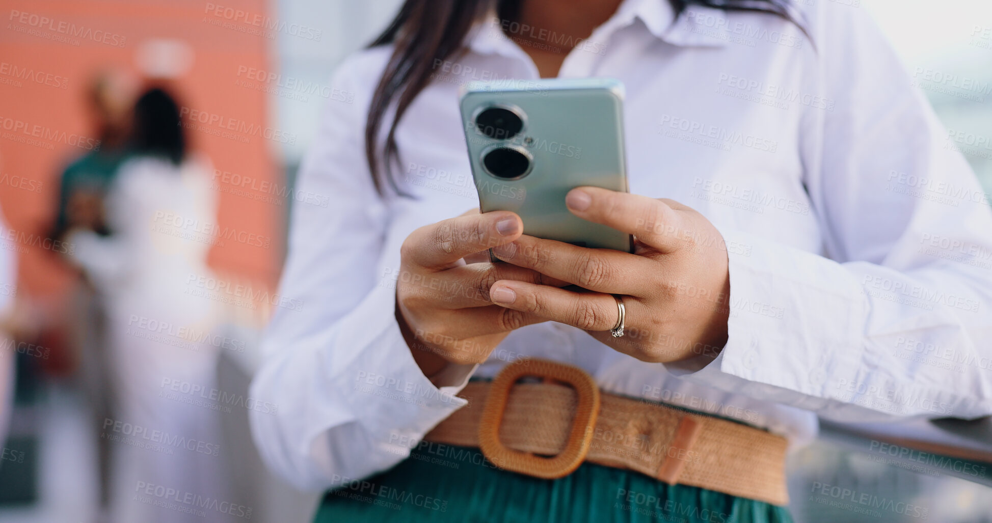 Buy stock photo Hands, business and woman with a cellphone, typing and connection with network, digital app or social media. Person, closeup or worker with smartphone, technology or mobile user with email or contact