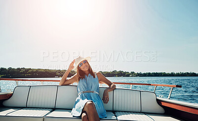 Buy stock photo Blue sky, relax and woman on boat by ocean for travel, vacation or holiday with summer adventure in Greece. Smile, tourist and female person sitting on yacht on sea water for tropical weekend trip.