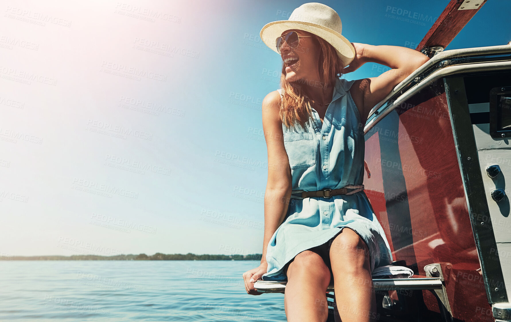 Buy stock photo Woman, ocean and happy on boat for holiday with fun, trip and adventure in Bali. Female person, smile and relax on cruise or yacht for vacation at beach as tourist on hot weather, summer and travel