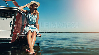 Buy stock photo Happy, ocean and woman by boat for travel, vacation or holiday with summer adventure in Greece. Smile, tourist and female person sitting on side of yacht on sea water for tropical weekend trip