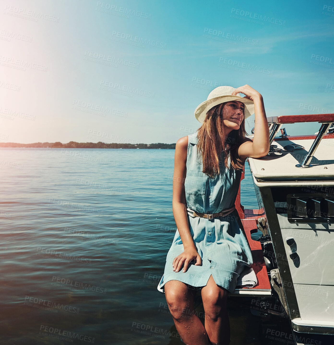 Buy stock photo Sea, thinking and travel with woman on boat for adventure, journey or trip on summer vacation. Ocean, luxury and relax with happy tourist person on expensive yacht for weekend cruise or getaway