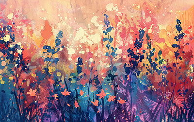 Background, wallpaper or abstract flower on canvas for wall frame, backdrop or print. Colourful, creative art and beautiful texture painting for interior artwork, copyspace and creativity inspiration