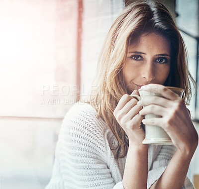 Buy stock photo Coffee, happy and portrait with woman by window in living room of home to relax for weekend. Cup, face and morning with person drinking fresh caffeine beverage in apartment for break or time off