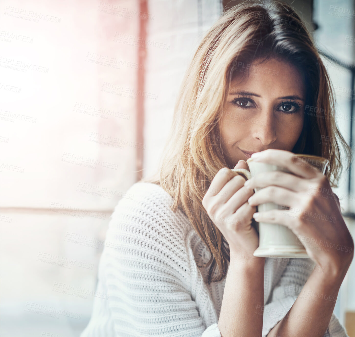 Buy stock photo Coffee, happy and portrait with woman by window in living room of home to relax for weekend. Cup, face and morning with person drinking fresh caffeine beverage in apartment for break or time off