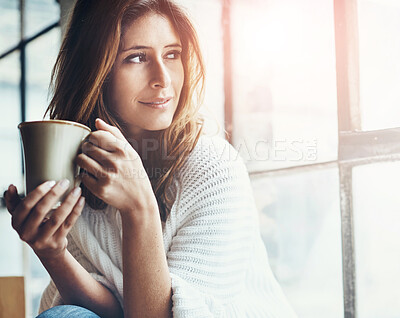 Buy stock photo Coffee, happy and thinking with woman by window in living room of home to relax for weekend. Cup, smile and vision with person drinking fresh caffeine beverage in apartment for morning time off