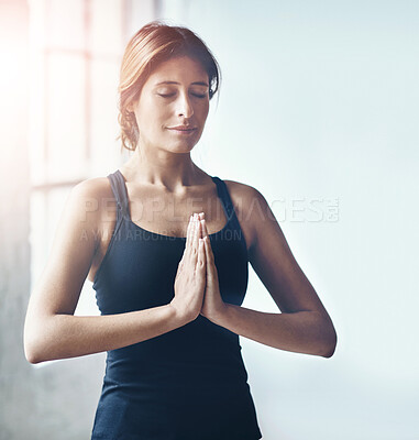 Buy stock photo Namaste, woman and relax with yoga, prayer pose and wellness at home with balance. Calm, care and breathing awareness for health, peace and wellbeing in the morning with meditation and mindfulness