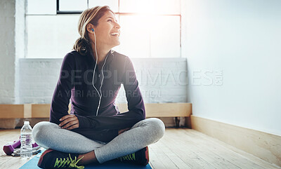 Buy stock photo Woman, smile and exercise with music on mat, happiness for listening to fitness podcast. Female athlete, workout and audio with headphones for healthy body, streaming radio for cardio mission in gym