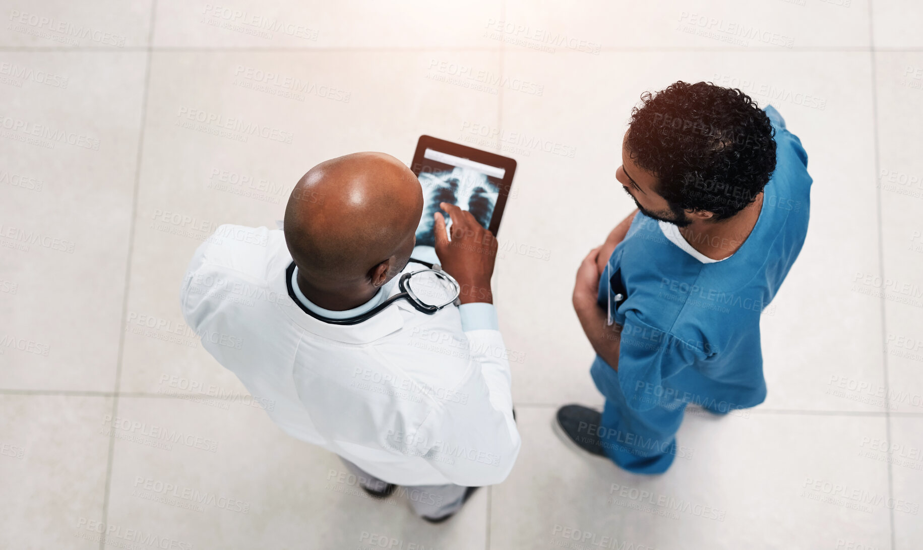 Buy stock photo Doctor, xray and hospital with tablet, lung scan and medical collaboration for disease diagnosis. Above, digital or healthcare professional with tech and respiratory system check for cancer at clinic