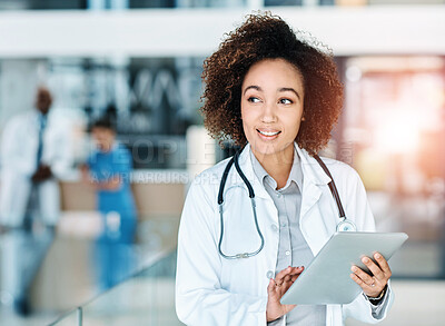 Buy stock photo Healthcare, thinking and doctor with tablet for research, telehealth or online advice in hospital. Woman, medical specialist or technology in lobby for consultation, information or positive diagnosis