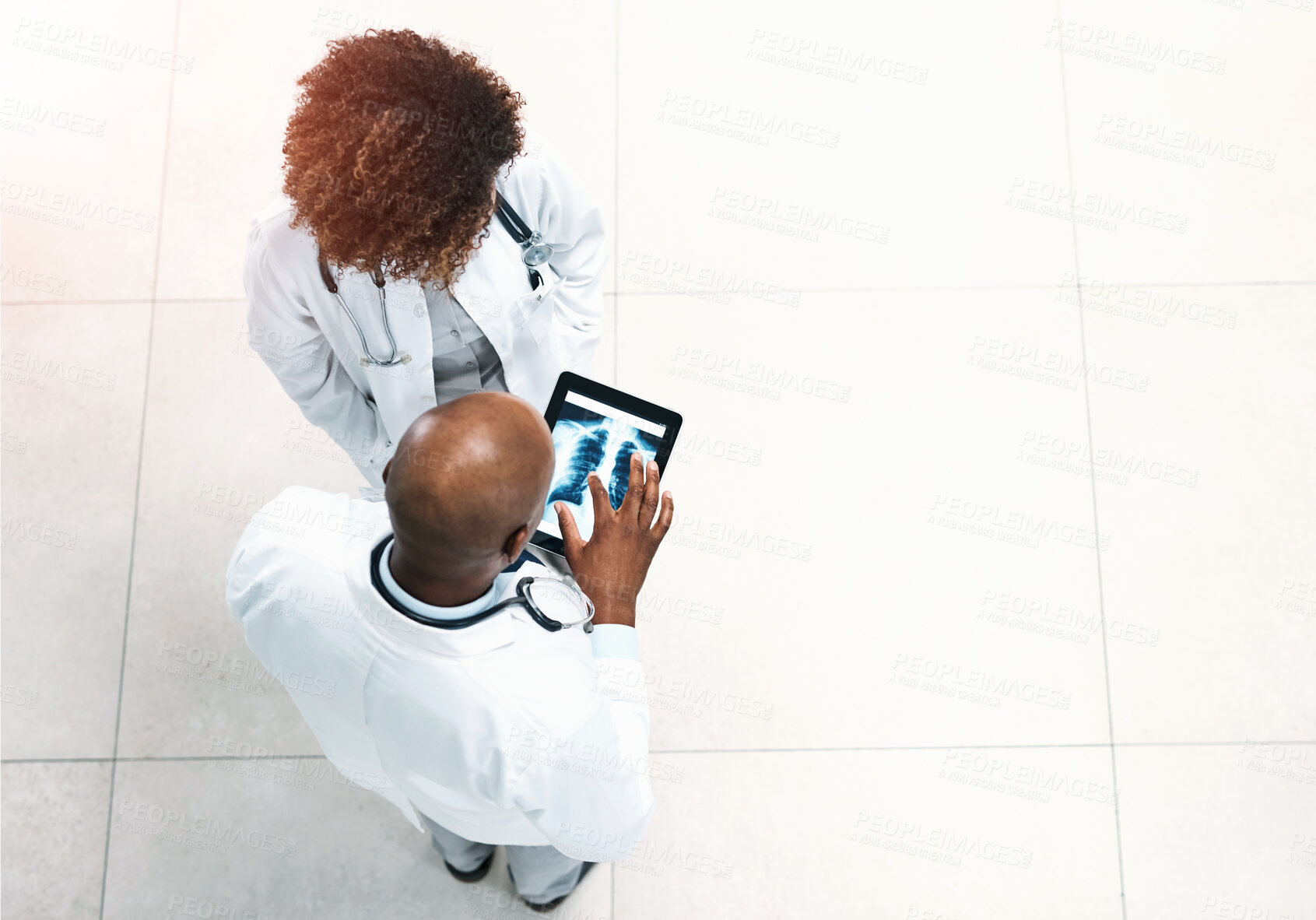 Buy stock photo Doctor xray and hospital with tablet, scan results and medical collaboration for lung diagnosis. Above, digital and healthcare professional with tech and respiratory system check for cancer at clinic