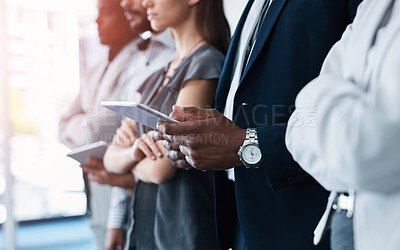 Buy stock photo Tablet, hands and business people in line for job interview, corporate global startup and company office building. Recruitment, hiring and man waiting for meeting, vacancy and opportunity search