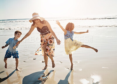 Buy stock photo Love, dance and mother with kids at the beach with travel, freedom and funny morning games in nature. Jump, energy and children with mom at the ocean for adventure, journey and having fun in Cancun