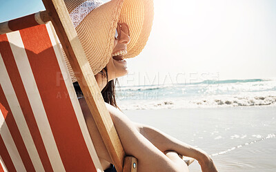 Buy stock photo Beach, chair and woman laugh at the ocean for summer, vacation and adventure in nature. Freedom, travel and girl person at the sea for tropical, journey or holiday, comic or funny view in Cancun