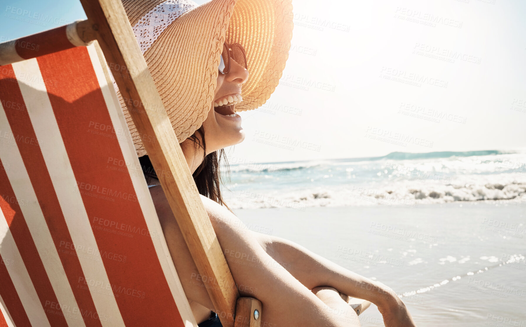 Buy stock photo Beach, chair and woman laugh at the ocean for summer, vacation and adventure in nature. Freedom, travel and girl person at the sea for tropical, journey or holiday, comic or funny view in Cancun