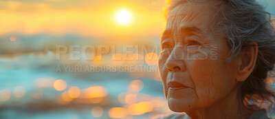 Buy stock photo Thoughtful, elderly Asian and woman with sunset, female and mental health on beach. Retirement, depressed and looking. Background views for reflecting and reminiscing about past days