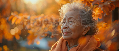 Buy stock photo Peaceful, elderly and Asian woman in park or garden. Senior, female and relaxation. Thoughtful, mindful and contemplating. Relax, memory and nostalgic about past with orange sunset background.