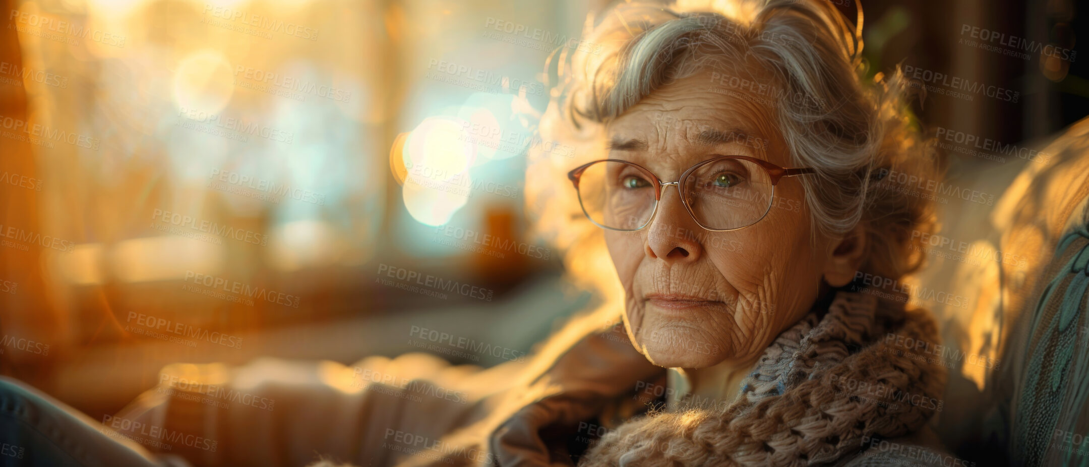 Buy stock photo Portrait thinking and senior woman in retirement home, reflection and remembering past life. Elderly, relax and contemplating future or memory, nostalgia and wellness with golden background