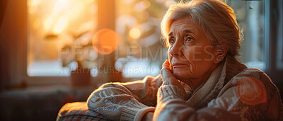 Thoughtful, elderly and woman looking sad. Portrait, senior and mental health concept in the living room. Reflecting, depressed and looking. Background for mental health and reminiscing about past
