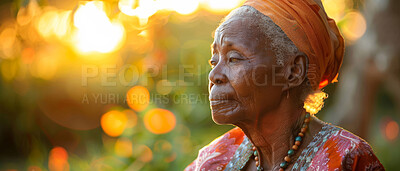 Memory, elderly African and woman sitting in garden. Senior, female and mental health concept. Spiritual, peaceful and worshipping eyes closed for focus, well being and contentment in nature