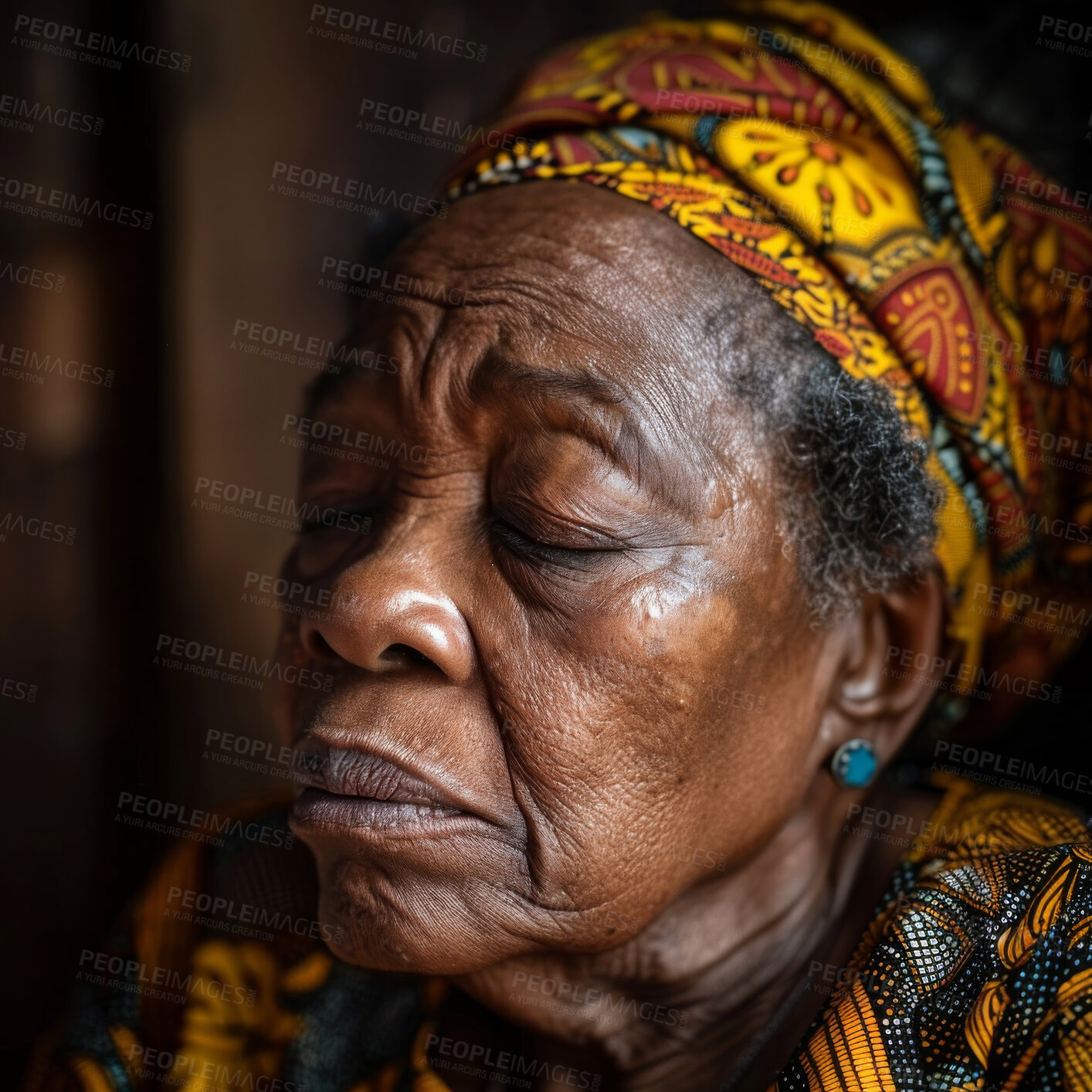 Buy stock photo Praying, elderly African and woman. Senior, female and mental or spiritual health concept. Thinking, contentment and peaceful, eyes closed for focus, well being and religious practice or worship