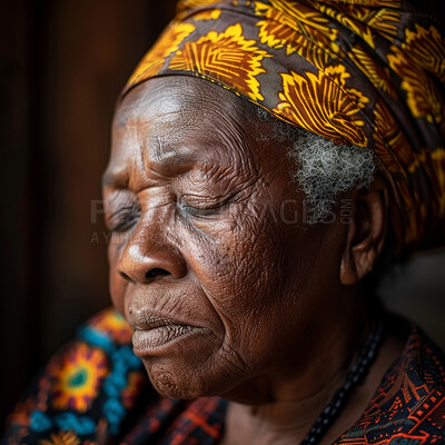Praying, elderly African and woman. Senior, female and mental or spiritual health concept. Thinking, contentment and peaceful, eyes closed for focus, well being and religious practice or worship