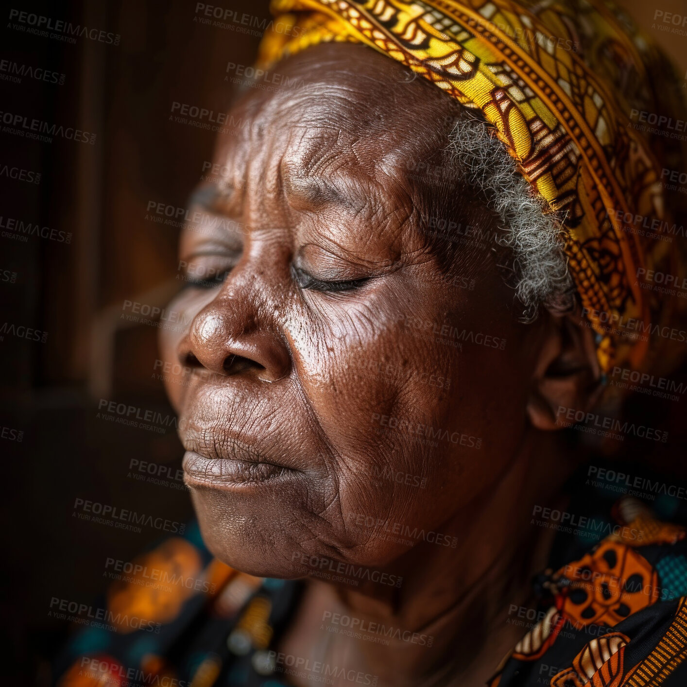 Buy stock photo Praying, elderly African and woman. Senior, female and mental or spiritual health concept. Thinking, contentment and peaceful, eyes closed for focus, well being and religious practice or worship