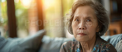 Portrait thinking and senior Asian woman in retirement home, reflection and remembering past life. Elderly, relax and contemplating future or memory, nostalgia and wellness with blurry background
