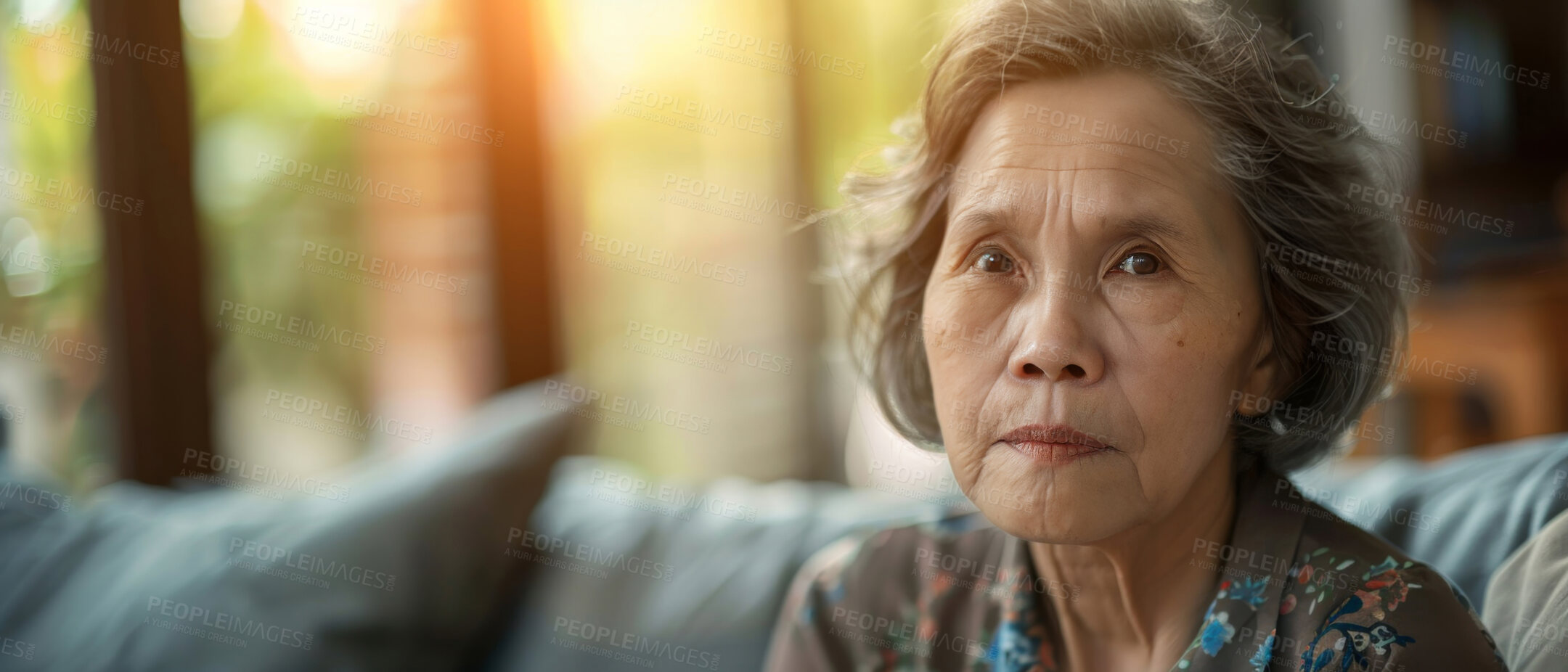 Buy stock photo Portrait thinking and senior Asian woman in retirement home, reflection and remembering past life. Elderly, relax and contemplating future or memory, nostalgia and wellness with blurry background