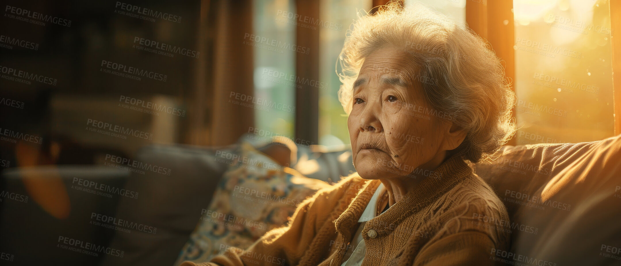 Buy stock photo Thinking, depressed and senior Asian woman in retirement home, reflection and remembering past life. Elderly, pensioner and contemplating future or memory, nostalgia with warm sunset background