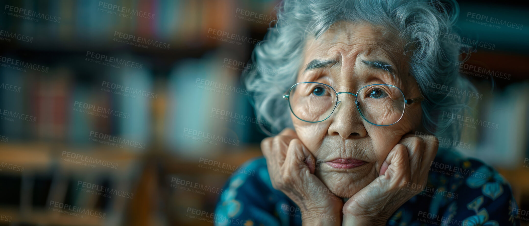 Buy stock photo Thinking, depressed and senior Asian woman in retirement home, reflection and remembering past life. Elderly, pensioner and contemplating future or memory, nostalgia with blurred apartment background