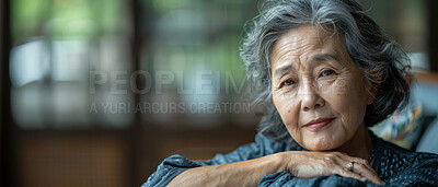 Portrait thinking and senior Asian woman in retirement home, reflection and remembering past life. Elderly, relax and contemplating future or memory, nostalgia and wellness in apartment or dreaming