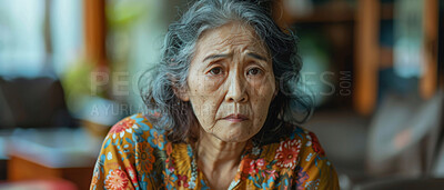 Portrait thinking and senior Asian woman in retirement home, reflection and remembering past life. Elderly, pensioner and contemplating future or memory, nostalgia with blurred apartment background