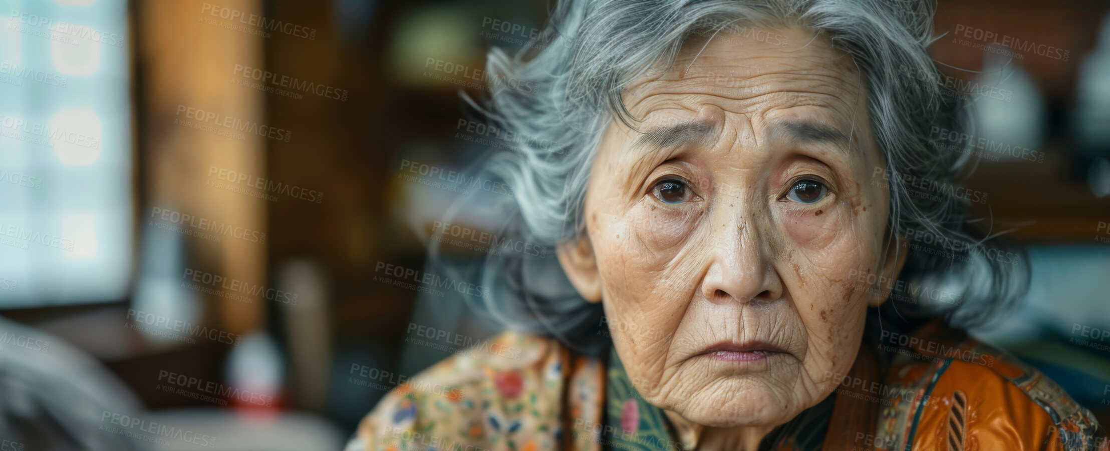 Buy stock photo Portrait of depressed, elderly Asian and woman. Senior, female and mental health in old age home. Pensioner, thinking and looking. Dark background for mental health and reminiscing about past