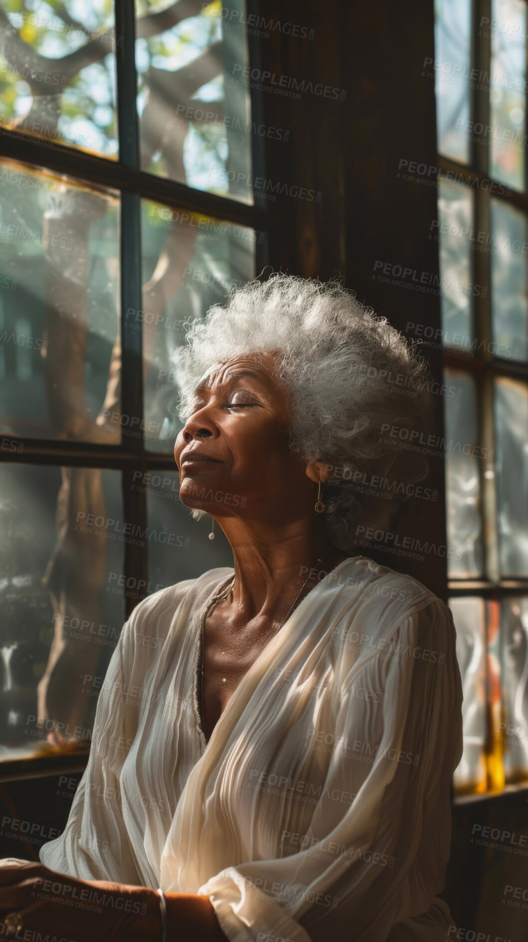 Buy stock photo Meditate, elderly African and woman with plants. Senior, retirement and spiritual health in room with large window. Thinking, thoughtful and praying in sunset for worship and lifestyle concept