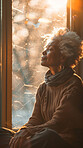 Meditate, elderly African and woman with plants. Senior, retirement and spiritual health in room with large window. Thinking, thoughtful and praying in sunset for worship and lifestyle concept