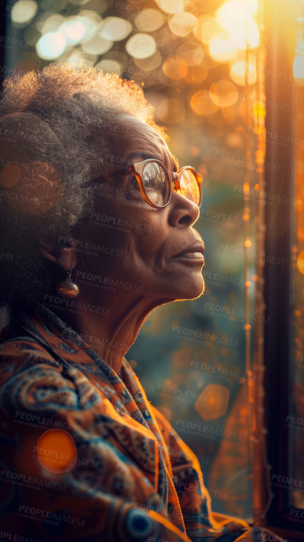 Buy stock photo Thoughtful, elderly African and woman at home. Senior, female and mental health in the living room. Spiritual, longing and thinking looking out of window for mental health and reminiscing about past